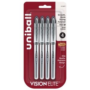 Uniball Vision Elite Bold Point (0.8mm) Black Rollerball Pens, 4ct NWT